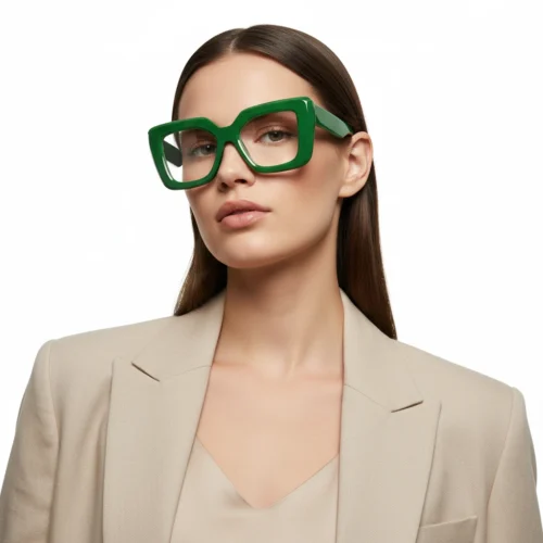 عینک فریم سبز فانتزی ضخیم روی صورت مدل با استایل مینیمال و کت روشن