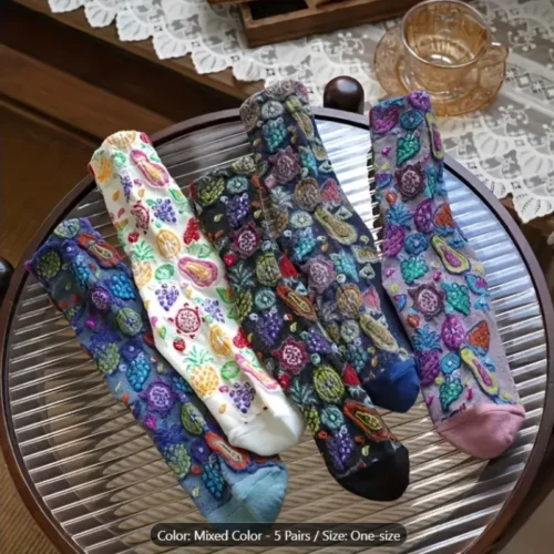 پک 5تایی جوراب فانتزی دخترانه با طرح میوه‌ای | رنگارنگ و فری‌سایز