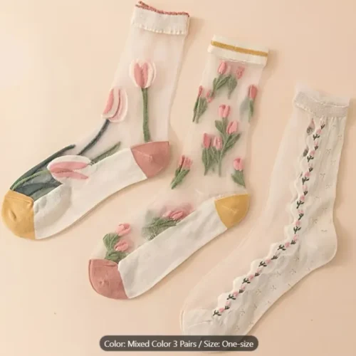 پک 3تایی جوراب فانتزی طرح گل شیشه ای نیم ساق