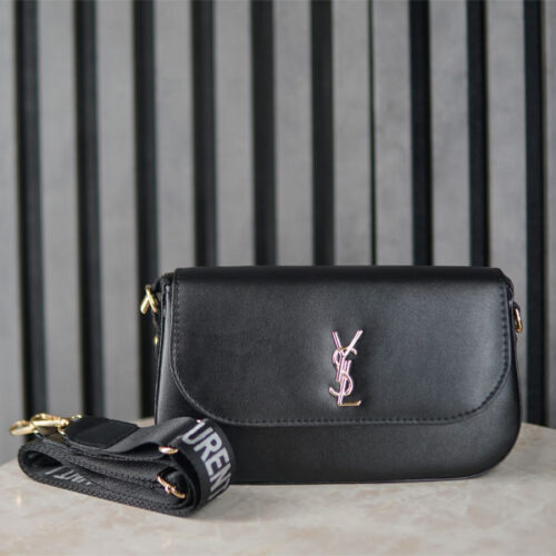 کیف دوشی زنانه YSL مشکی با بند پارچه‌ای قابل تنظیم و لوگوی فلزی، مناسب استفاده روزمره و کراس‌بادی