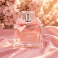 عطر میسیس چری روونا روی پارچه ساتن صورتی، همراه با شکوفه‌های گیلاس و نورپردازی سینمایی طلایی