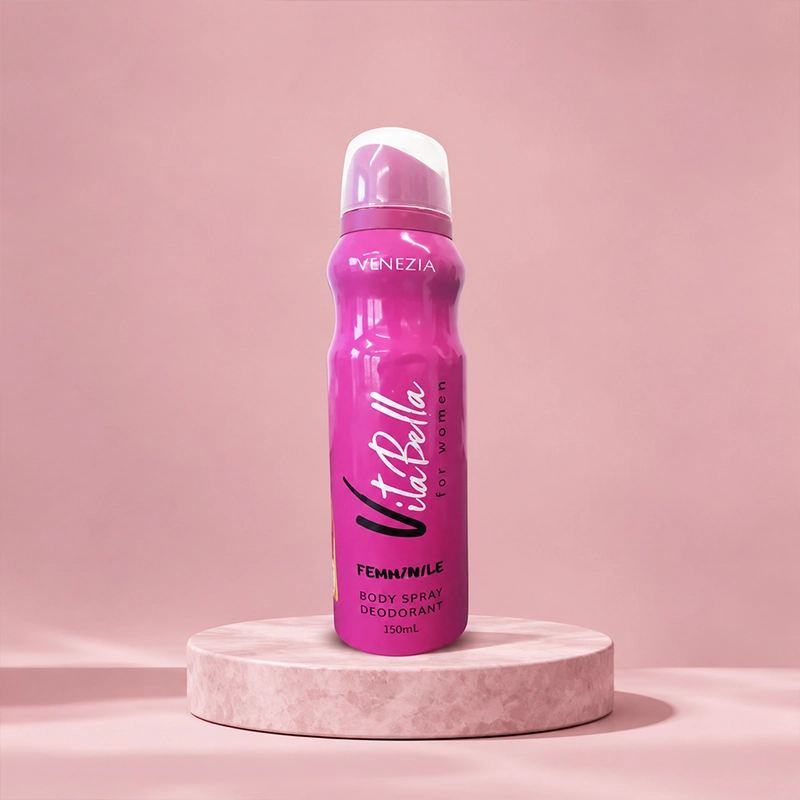 Vita Bella Venezia for women body spray deodorant 150ml bottle placed on a round pink marble pedestal.