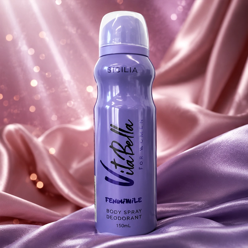 VitaBella Sicilia 150ml Body Spray Deodorant on Pink Marble Pedestal