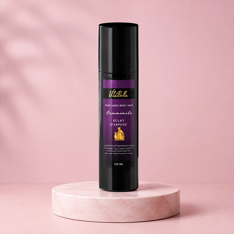 VitaBella Eclat D'Arpege Perfumed Body Mist on Purple Satin Luxury Fabric