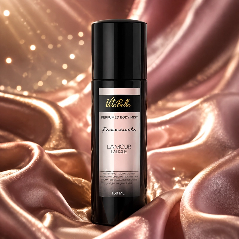 Sensual Woman Spraying VitaBella L'Amour Lalique Fragrance Mist on Neck