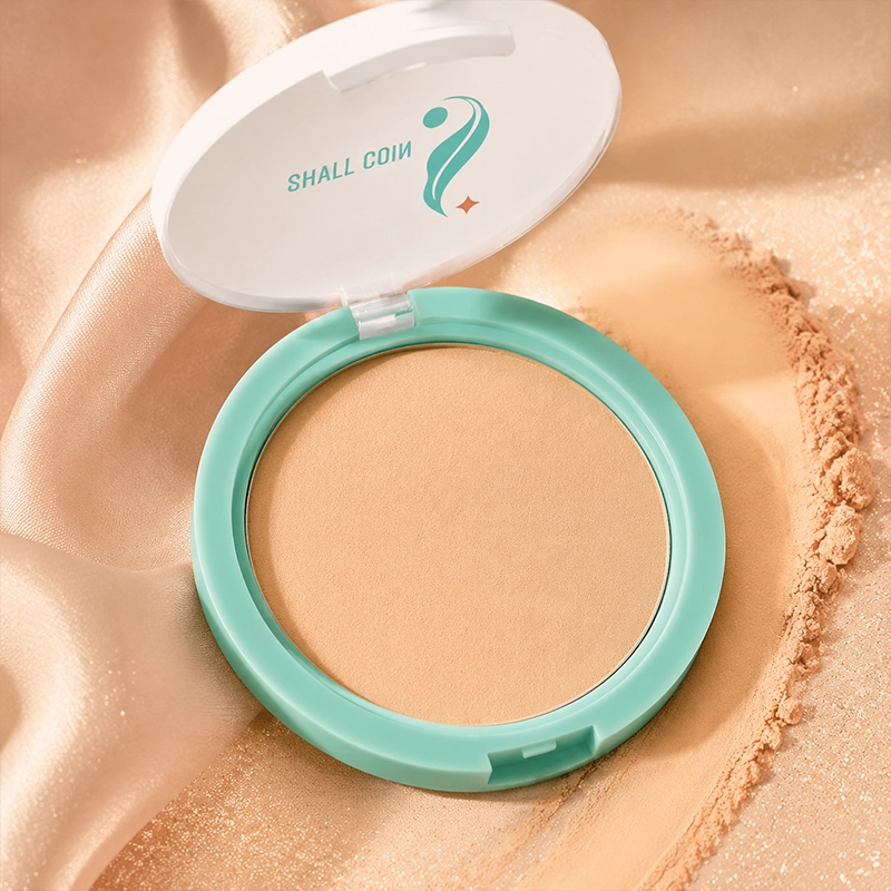 Beautiful Woman Applying Shall Coin Face Powder with Soft Puff