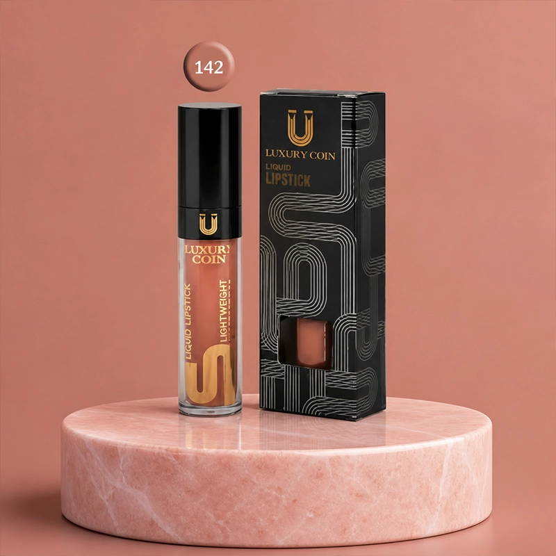 Luxury Coin Liquid Lipstick Shade 142 on Pink Round Marble Pedestal with Black Box