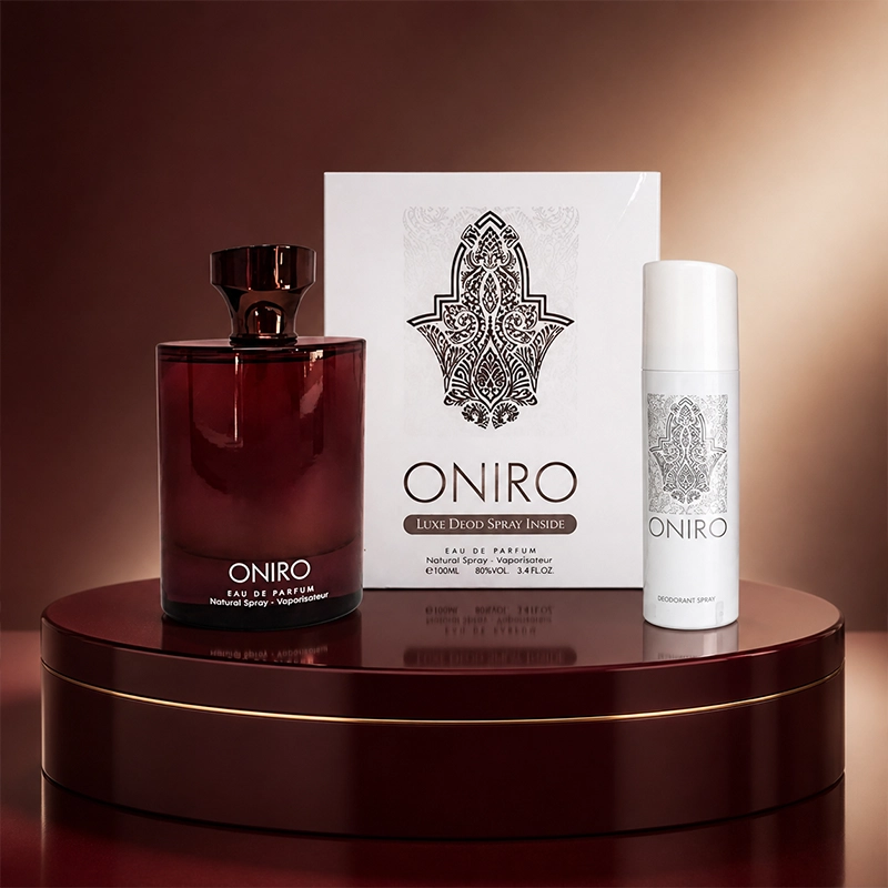 ست عطر و دئودورانت Oniro با بطری شرابی و جعبه سفید