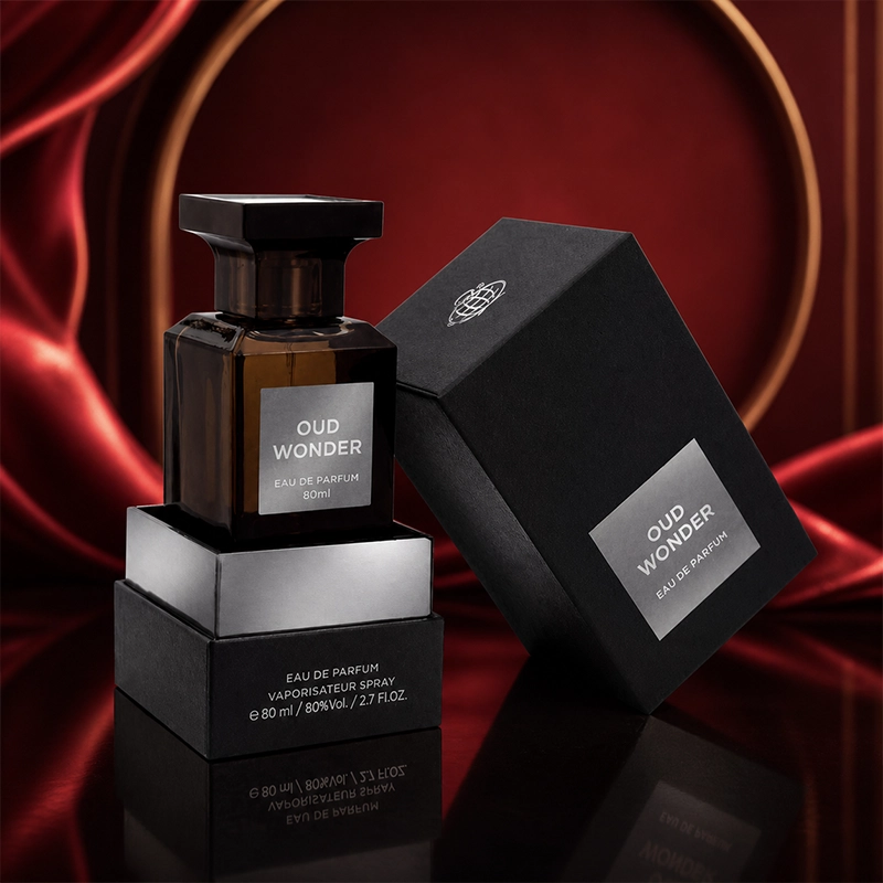 نمای نزدیک از بطری عطر Oud Wonder و جعبه مشکی آن