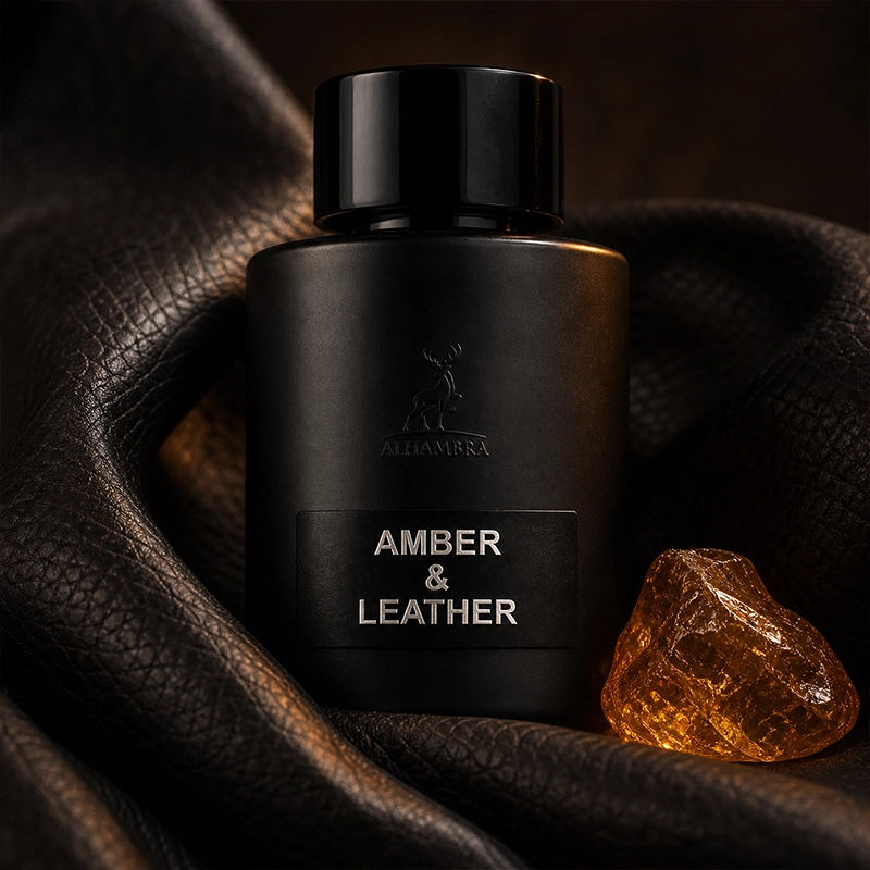 عطر آمبر اند لدر الحمبرا با بطری مشکی مات، قرار گرفته کنار تکه‌های کهربا و پارچه چرمی قهوه‌ای در نورپردازی گرم و لوکس.
