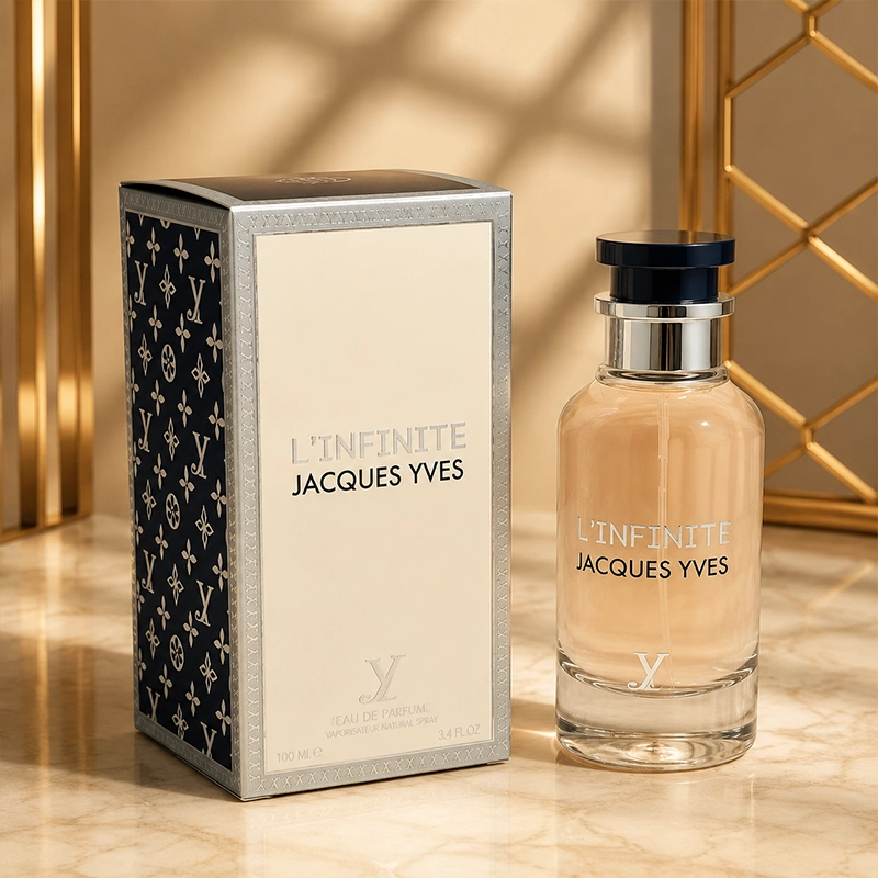 خرید ادکلن L’Infinite Jacques Yves با بطری شفاف و جعبه مونوگرام سورمه‌ای