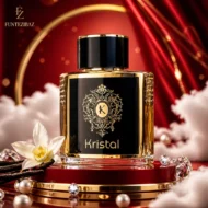عطر زنانه کریستال روی سکوی قرمز در کنار غلاف‌های وانیل و گل‌های سفید با پس‌زمینه ساتن درخشان.