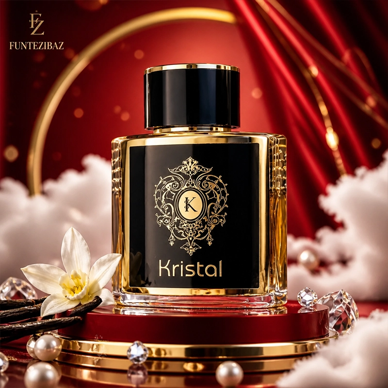 عطر زنانه کریستال روی سکوی قرمز در کنار غلاف‌های وانیل و گل‌های سفید با پس‌زمینه ساتن درخشان.