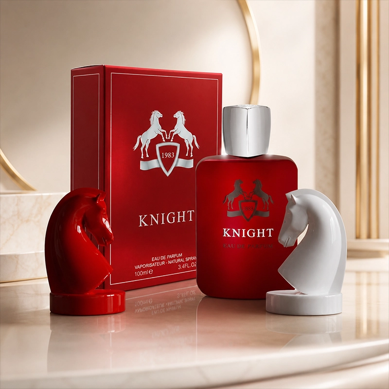 خرید ادکلن Knight 1983 فرگرنس ورد با بطری قرمز مات و مهره‌های شطرنج سفید و قرمز روی سنگ مرمر