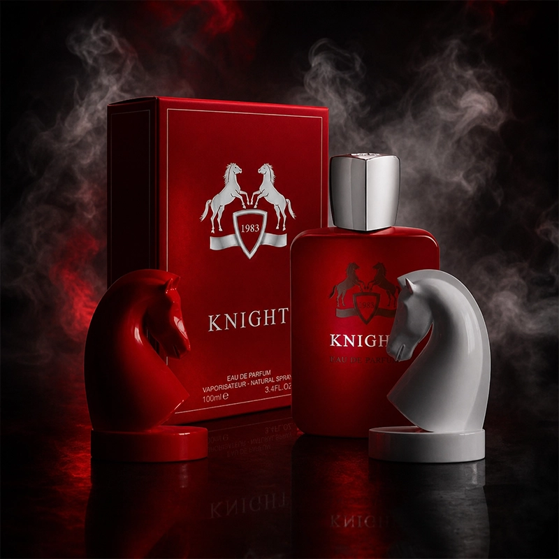 ادکلن Knight 1983 مردانه در فضایی لوکس و دودی با نورپردازی قرمز و تیره