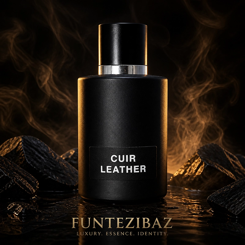 ادکلن Cuir Leather مشکی مات با فضای دودی و طراحی لوکس روی پس‌زمینه تیره
