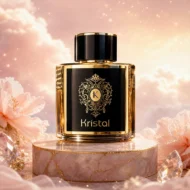 ادکلن Kristal روی پایه سنگی مرمر در فضایی رویایی با گل‌های صورتی، الماس و آسمان پرستاره.