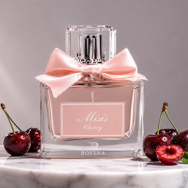 بطری عطر میسیس چری روونا با روبان صورتی، در استودیوی عکاسی و احاطه‌شده با دانه‌های گیلاس تازه