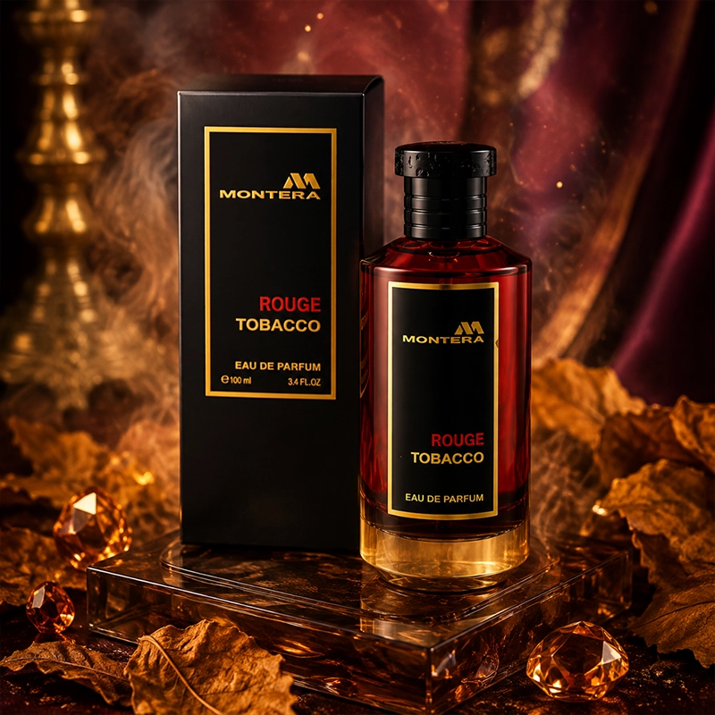 ادکلن Montera Rouge Tobacco با نور قرمز پس‌زمینه و طراحی لوکس روی سطح مشکی مرمری