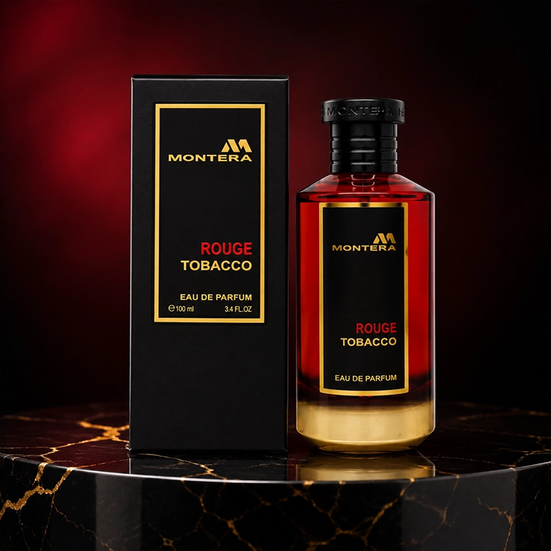 ادکلن Montera Rouge Tobacco با پس‌زمینه مجلل طلایی و عناصر دکوراتیو لوکس