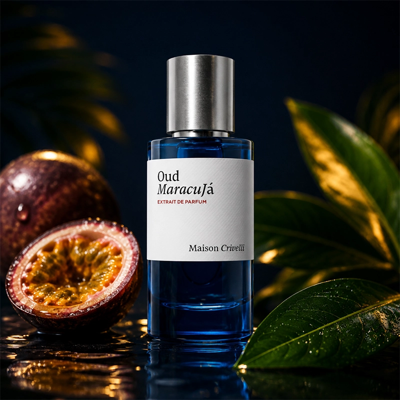 عطر Maison Crivelli Oud Maracujá 50 میل با بطری آبی، تم میوه گل‌ساعتی و فضای لوکس استودیویی