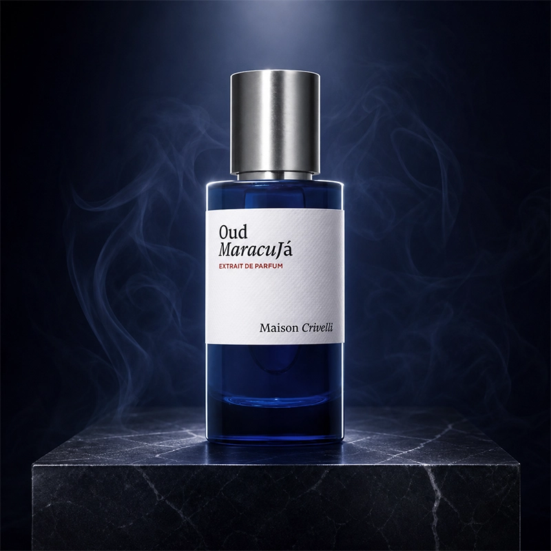 نمای استودیویی عطر Oud Maracujá از Maison Crivelli روی پایه سنگی تیره با نورپردازی دودی