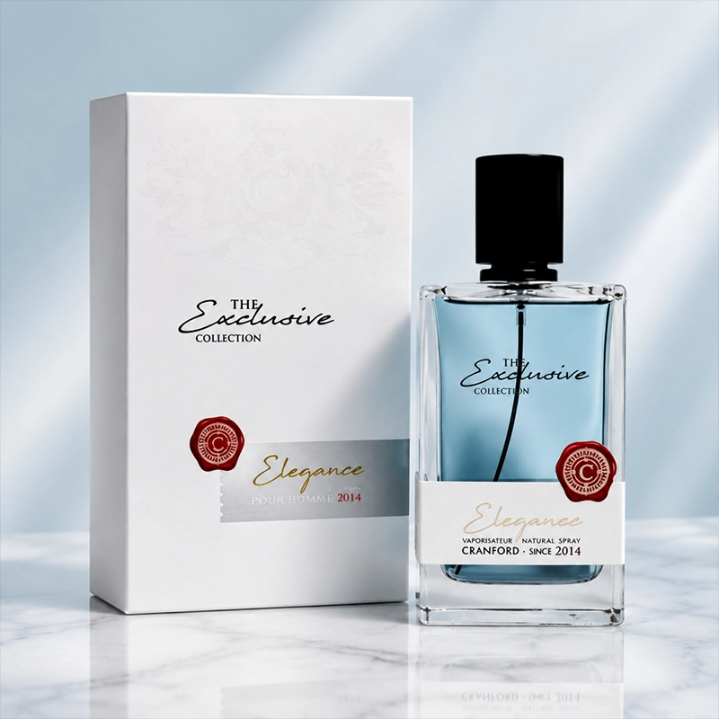 بطری و جعبه عطر Cranford Elegance 125 میلی‌لیتر روی سطح مرمر سفید با پس‌زمینه روشن