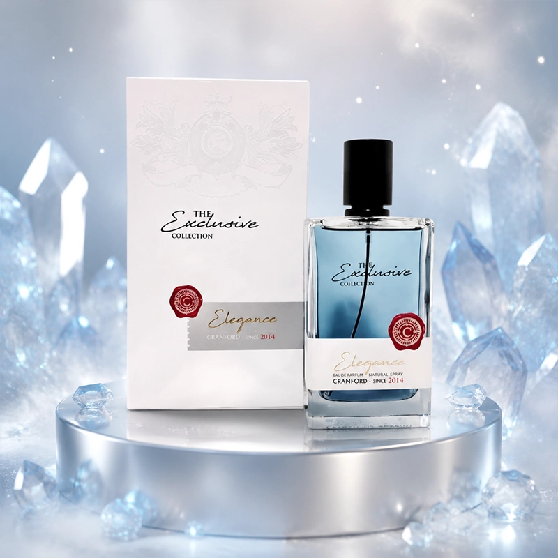 عطر ادکلن Cranford Elegance 125 میل در کنار کریستال‌های شفاف با طراحی تبلیغاتی لوکس