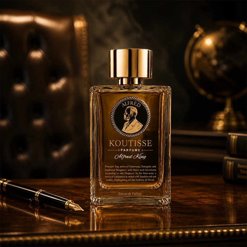 عطر ادکلن Koutisse Alfred King Pharaoh 120 میل با بطری طلایی و طراحی لوکس روی میز چوبی