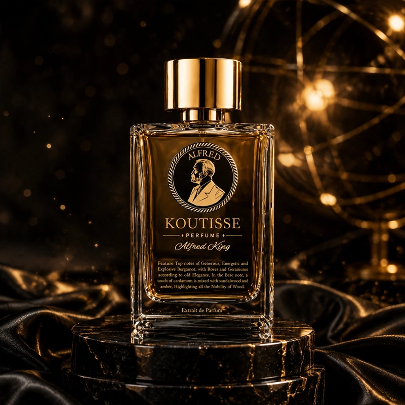 نمای تبلیغاتی عطر Koutisse Alfred King Pharaoh 120 میلی‌لیتر با پس‌زمینه طلایی و نورپردازی گرم