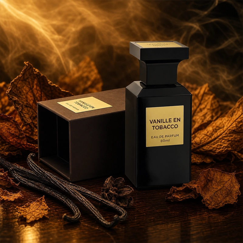 بطری مشکی ادکلن Vanille En Tobacco با جعبه تیره، غلاف وانیل و برگ‌های خشک در فضای گرم و دودی