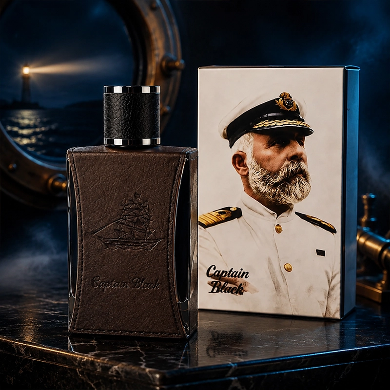 عطر ادکلن Captain Black مردانه با بطری چرمی‌مانند و جعبه تصویردار