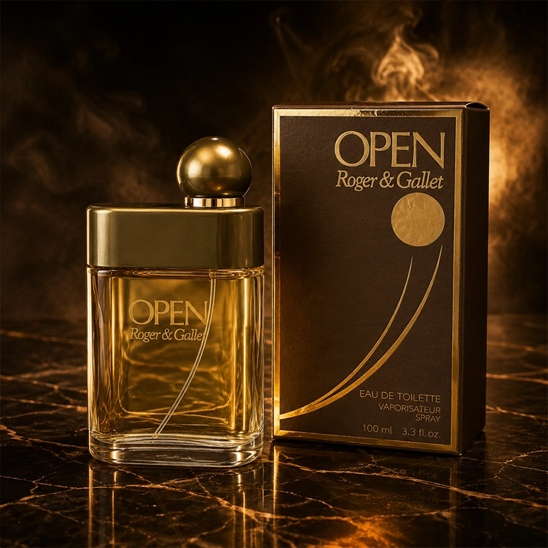 عطر مردانه کلاسیک Roger and Gallet Open با بطری طلایی و جعبه رسمی