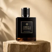 ادکلن Amber & Leather او دو پرفیوم با بطری مشکی، پلاک طلایی و پایه کهربایی روی سنگ طبیعی
