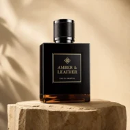 ادکلن Amber & Leather او دو پرفیوم با بطری مشکی، پلاک طلایی و پایه کهربایی روی سنگ طبیعی