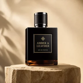 ادکلن Amber & Leather او دو پرفیوم با بطری مشکی، پلاک طلایی و پایه کهربایی روی سنگ طبیعی