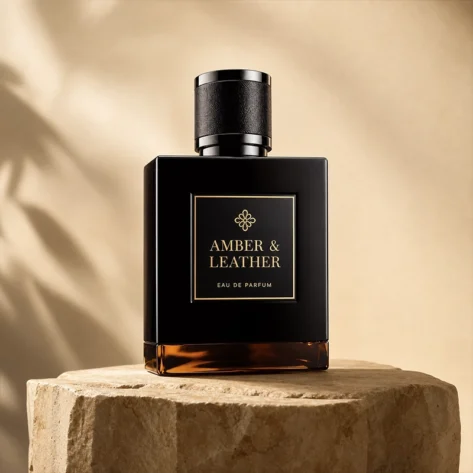 ادکلن Amber & Leather او دو پرفیوم با بطری مشکی، پلاک طلایی و پایه کهربایی روی سنگ طبیعی