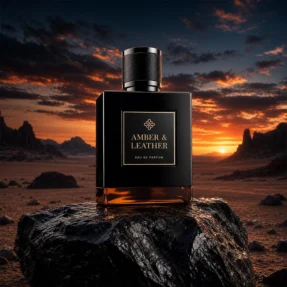 بطری مشکی ادکلن Amber & Leather با درپوش طرح چرم روی سنگ تیره در منظره غروب
