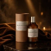 ادکلن Amber & Neroli از برند Fragrance World با شیشه قهوه‌ای و بسته‌بندی استوانه‌ای روی پارچه قهوه‌ای لوکس