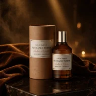 ادکلن Amber & Neroli از برند Fragrance World با شیشه قهوه‌ای و بسته‌بندی استوانه‌ای روی پارچه قهوه‌ای لوکس