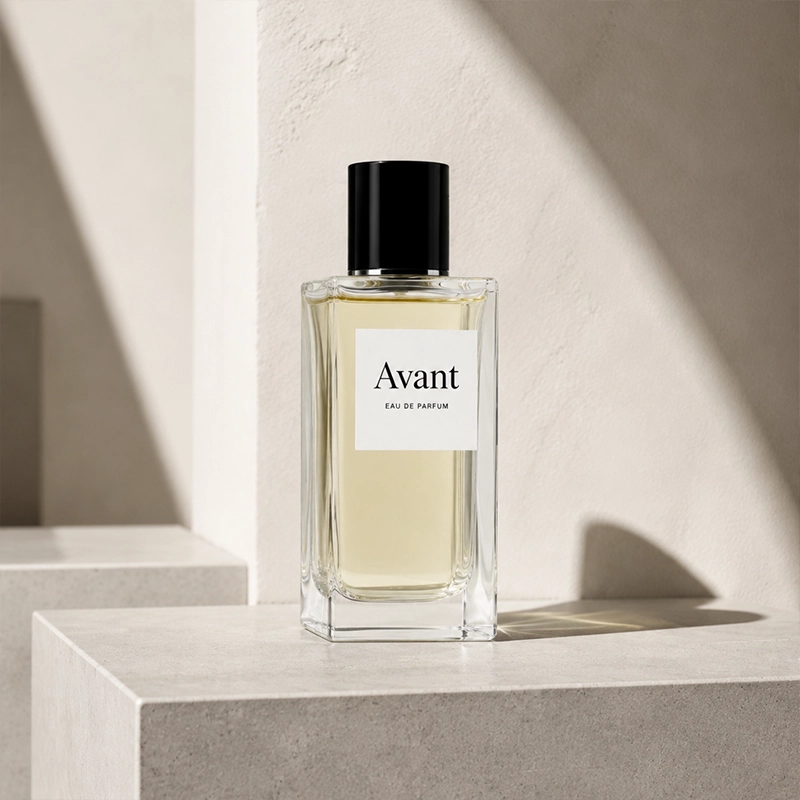 بطری ادکلن Avant Eau De Parfum با طراحی مینیمال روی سکوی روشن در نور طبیعی