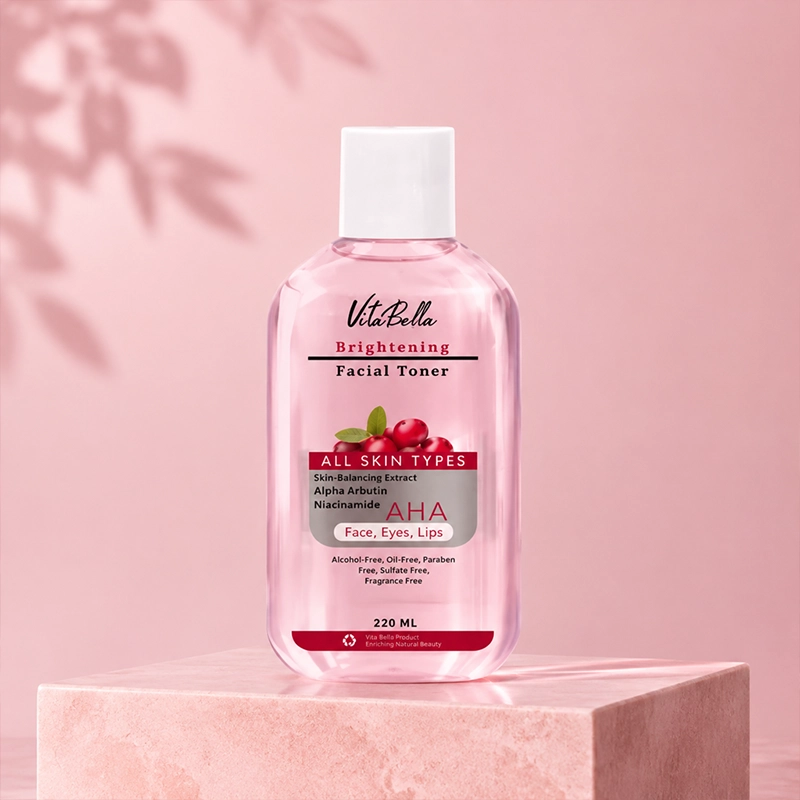 بطری تونر روشن‌کننده صورت ویتا بلا روی پایه صورتی در پس‌زمینه مینیمال