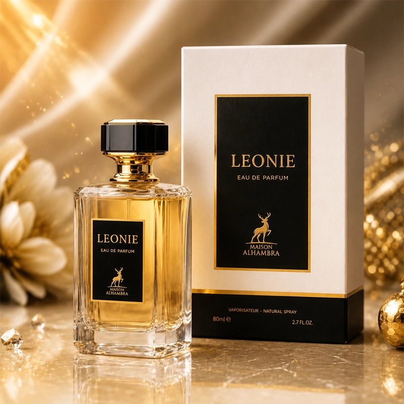 ادکلن Leonie Maison Alhambra ادو پرفیوم ۸۰ میل با بطری شفاف، مایع طلایی، درپوش مشکی و جعبه سفید و مشکی در نور طلایی.