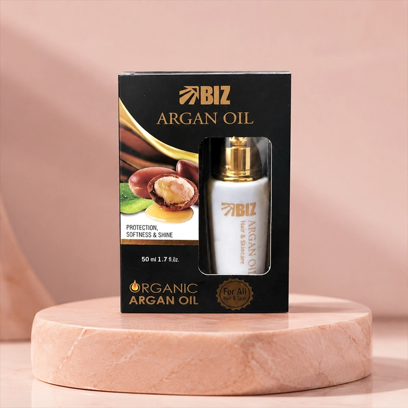 روغن آرگان بیز 50 میلی‌لیتر برای مراقبت از مو و پوست در جعبه مشکی و طلایی