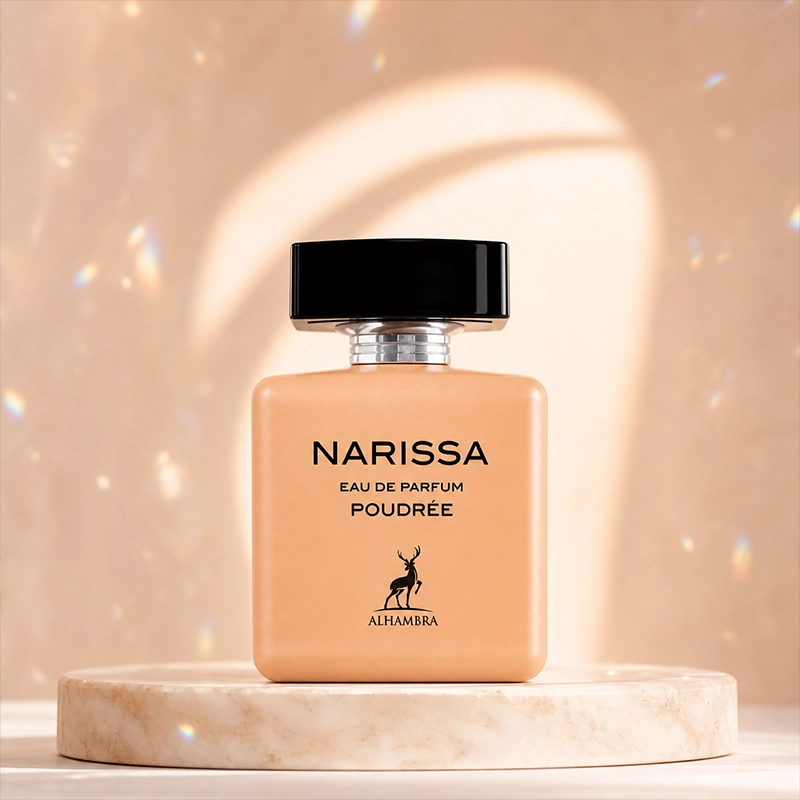 بطری نارسیسا پودره الحمبرا روی پایه روشن با پس‌زمینه درخشان و جلوه لوکس استودیویی
