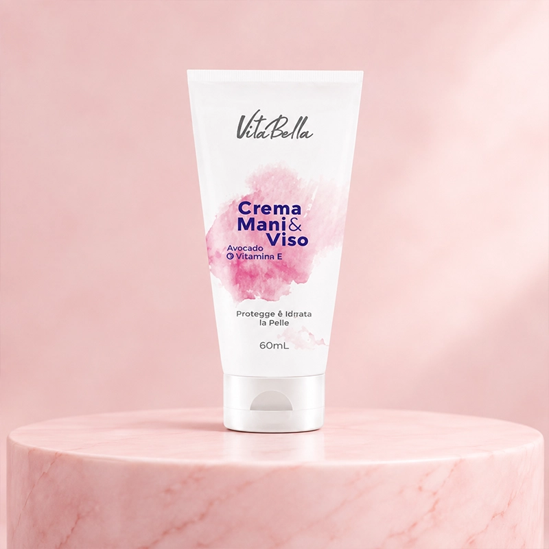 VitaBella Avocado and Vitamin E Hand and Face Cream Tube on Pink Satin Fabric