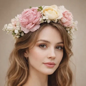 حلقه گل مو فانتزی دخترانه با گل‌های صورتی، کرم و سفید روی سر مدل با موهای موج‌دار، مناسب استایل عروس، نامزدی، جشن‌های خاص و عکاسی هنری با طراحی لطیف و رمانتیک