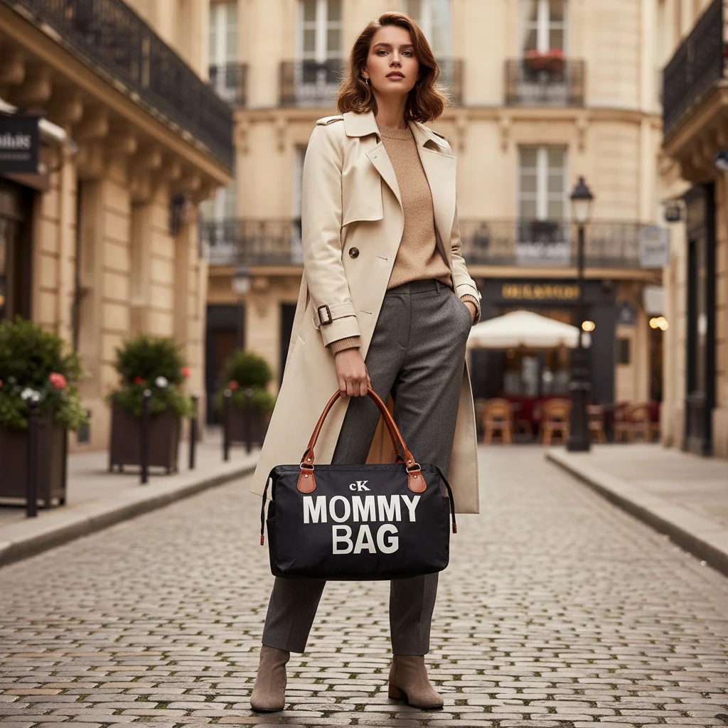 تصویر کیف Mommy Bag مشکی با دسته‌های چرمی قهوه‌ای و چاپ سفید